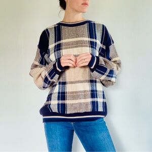 Whitefish Bay 100% Cotton Blue White Cream Plaid Pullover Sweater EUC Size L